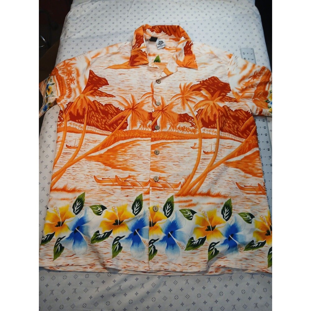 KENNINGTON Hawaiian Shirt Mens XL Orange Floral Palms polyester/viscose